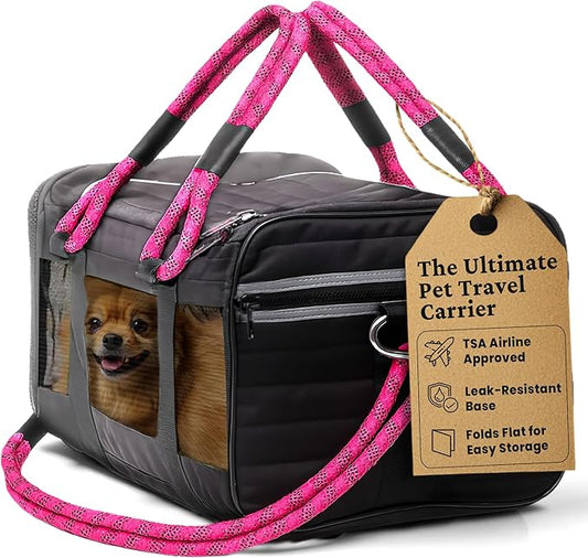 FLUFFY COMMUTE™ TSA Airline Approved Dog Carrier | Soft-Sided | Fits Small Dogs & Pets Up to 15 lbs & 17” Long × 11” Tall | Black w/Pink Handle