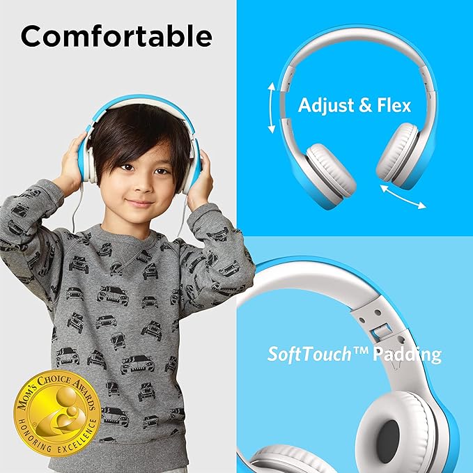 LilGadgets Connect+ Foldable Headphones, Adjustable Fit Soft Touch Padding for Kids with Mic, Volume-Limited & Noise Reduction On-Ear Wired Headset for School with SharePort - Blue, Ages 3-14