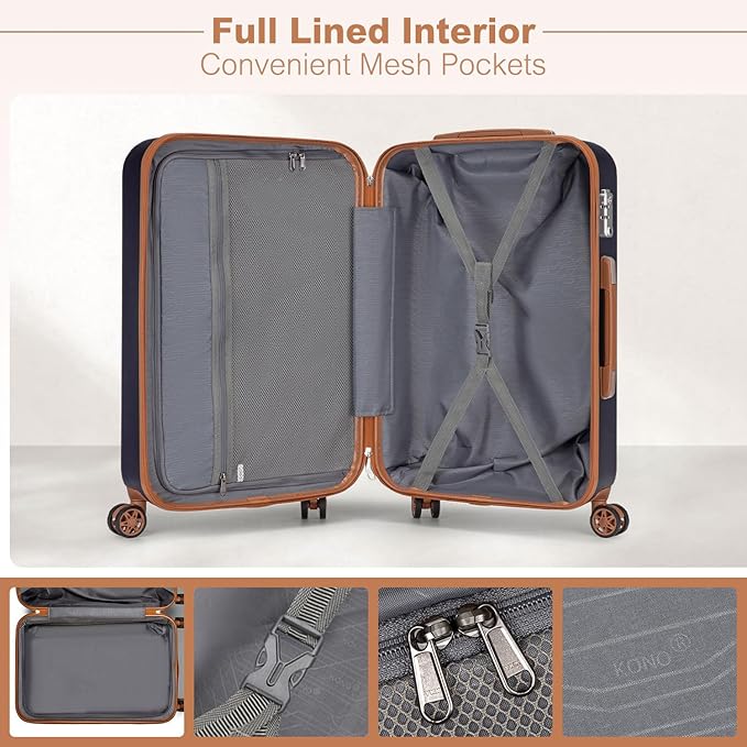 Kono 28 Inch Luggage Large checked Travel Suitcase, 95L ABS+PC TSA Lock Hard Shell Suitcase with Spinner Wheels, Navy/Brown
