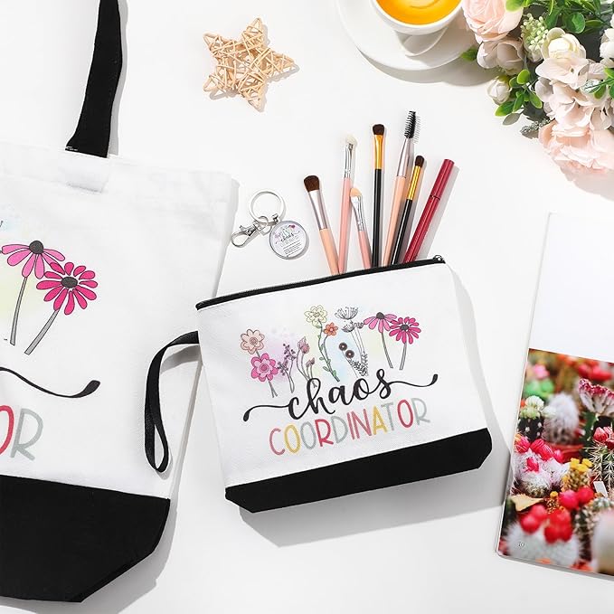 Kacctyen 3 Pcs Chaos Coordinator Gifts Fine Canvas Tote Bag Makeup Cosmetic Bag Chaos Coordinator Appreciation Keychains Gifts for Female Women Birthday