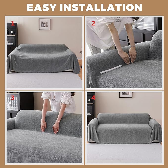 Chenille Couch Cover for 3 Cushion Sofa Pet Friendly Furniture Covers, Boho Sofa Covers Washable L Shape 3 Seater Couch Cover, 71"x 134", Grey