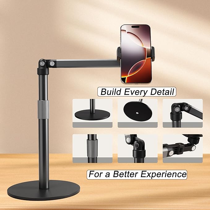 Phone Stand for Recording Overhead Desktop Phone Holder Mount with Flexible Extension Arm, Adjustable Height, for Video, Painting, Meeting, Fliming