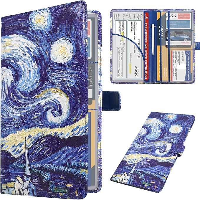 DMLuna Car Registration and Insurance Holder, Leather Vehicle Card Document Glove Box Organizer, Auto Truck Compartment Accessories for Essential Information, Driver License Cards, Starry Night