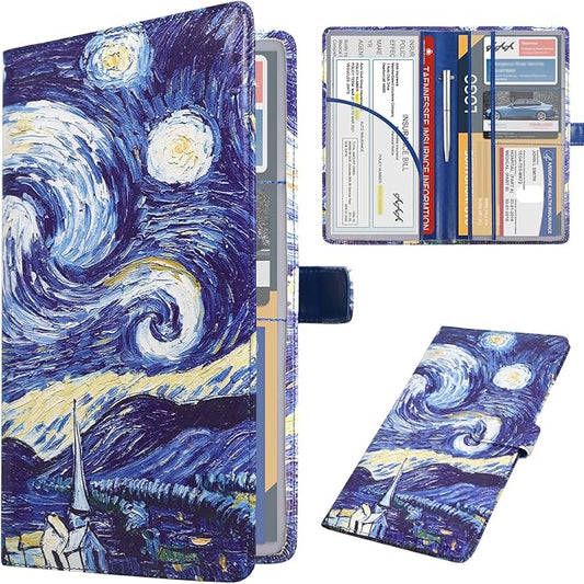 DMLuna Car Registration and Insurance Holder, Leather Vehicle Card Document Glove Box Organizer, Auto Truck Compartment Accessories for Essential Information, Driver License Cards, Starry Night