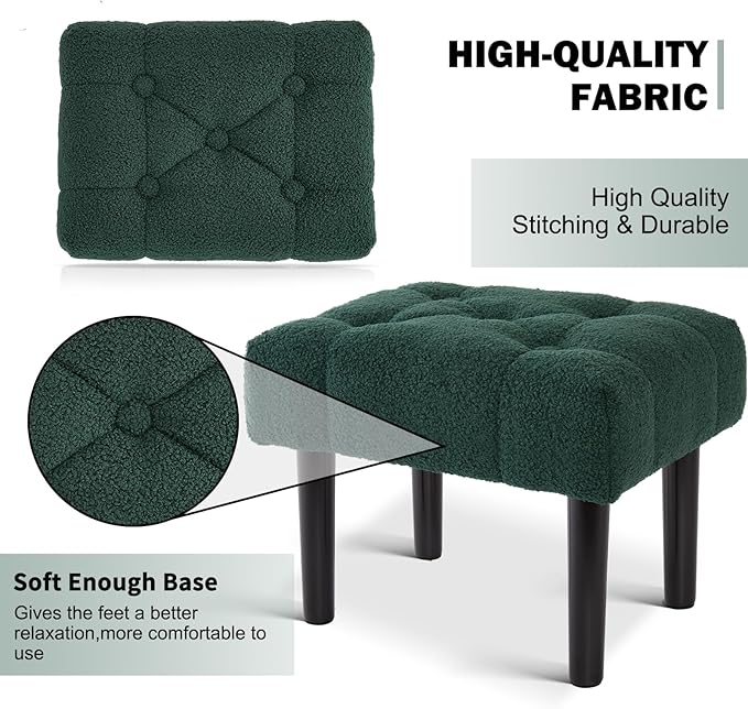 HOUCHICS Fur Padded Foot Stool, Small Ottoman Rest with Wooden Legs, Modern Rectangle Chair Rest for Living Room, Couch, Desk (Green)