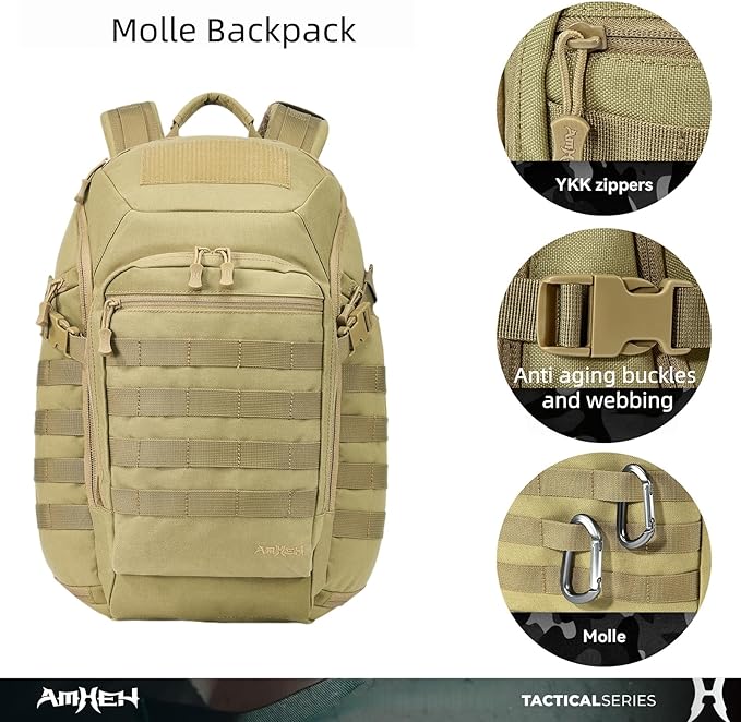 32L Military Tactical Backpack - Rugged Molle Assault Pack Fits 17 Inch Laptop for Survival Hiking Outdoor Travel Work (Tan)