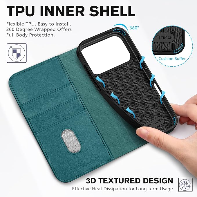 TUCCH Case Wallet for iPhone 17 Pro (6.3-Inch) 2025, [3 Card Slots] Kickstand [RFID Blocking] PU Leather Case, Flip Folio Cover with [TPU Shockproof Interior Shell], Teal Green