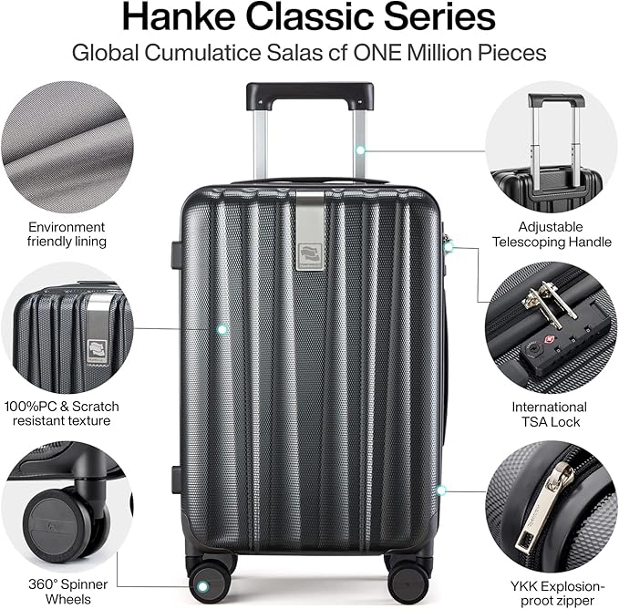 Hanke 24 Inch Luggage Suitcases With Spinner Wheels Lightweight PC Hard Shell Rolling Suitcase With Travel Lock,Checked-Medium 24-Inch(Jet Black)