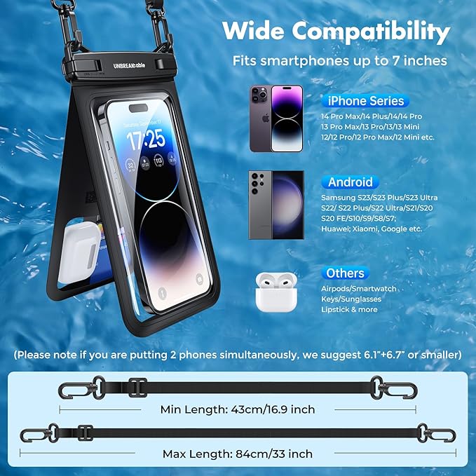 UNBREAKcable IPX8 Waterproof Phone Pouch 2-Pack, Double Space Waterproof Phone Case for iPhone 15 16 17 Pro Max up to 7", Cellphone Dry Bag with Lanyard for Beach Kayak Cruise Travel Essentials