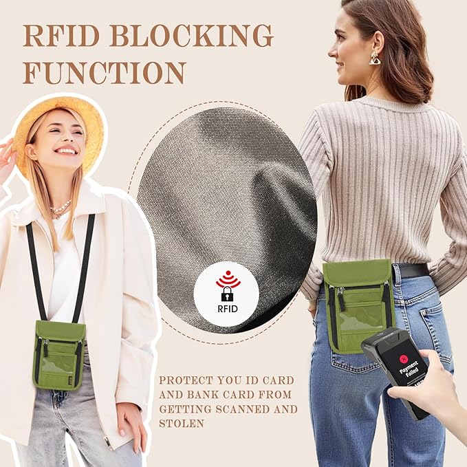 Passport Holder for Travel, Neck Pouch Travel Wallet With RFID Blocking, Waterproof Lightweight Passport Wallet for Women and Men (Green)