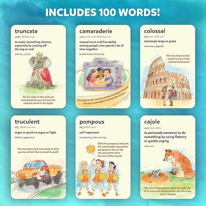 Skillmatics Vocabulary Flash Cards for Kids - Learn 100 Words with Wordplay, Visuals & Soundplay, Christmas Stocking Stuffers, Educational Gifts for Ages 10, 11, 12, & Up, Screen-Free Language Game