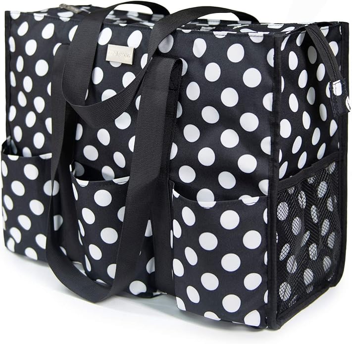 TOPDesign Utility Water Resistant Tote Bag with 13 Pockets, Top Zipper Closure & Thick Bottom Support, for Working Women