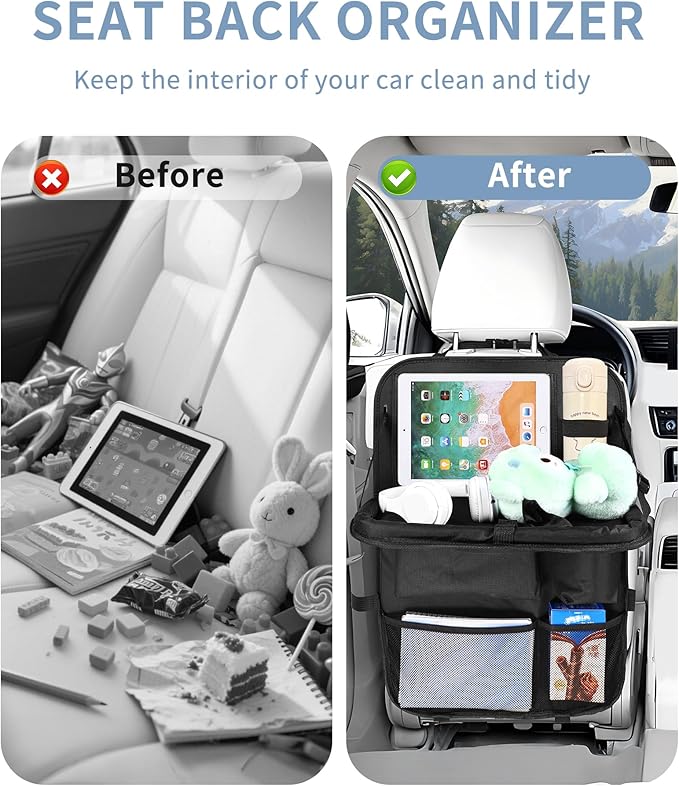Backseat Car Organizer with Touch Screen Tablet Holder, Storage Pockets, Foldable Food Tray, Kick Mats Back Seat Protector, Travel Accessories for Kids and Adults (Upgraded Rear Organizer-2pcs)