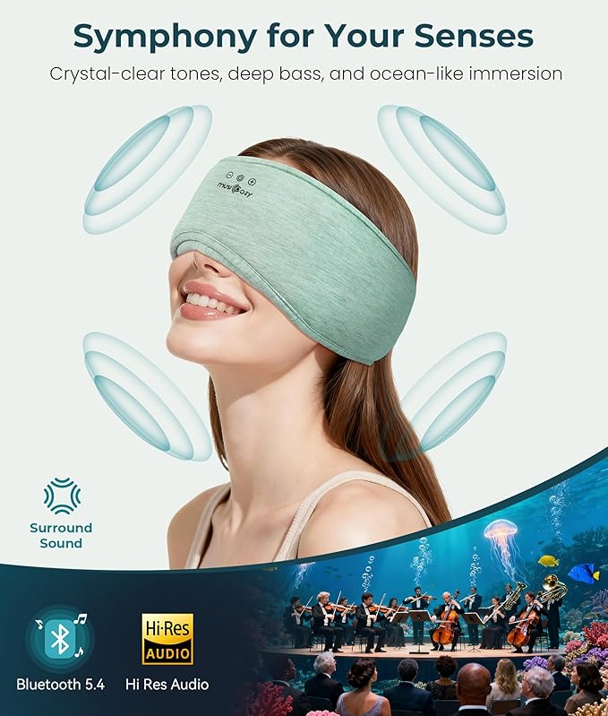 MUSICOZY Bluetooth 5.4 Sleep Headphones Eye Mask with Seaweed Fiber Cotton, Ultra Soft Fully Wrapped Sleep Mask with Headphones for Side Sleepers, 14 Hours Playtime, Gifts for Men Women