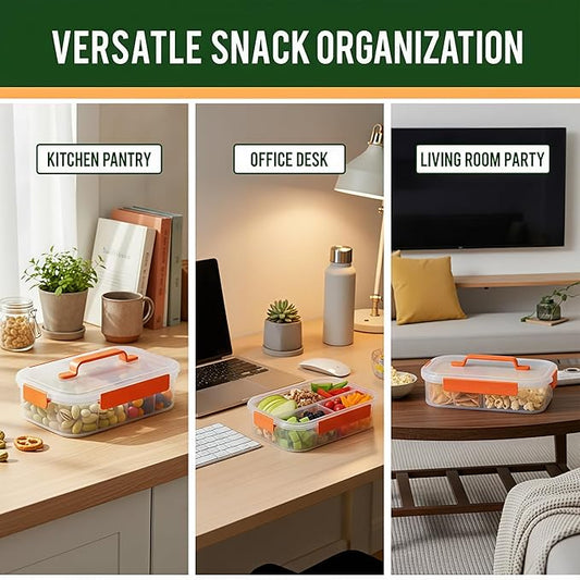 Li & Zhao Snackle Box Container - 4-Compartment Divided Snack Serving Tray with Silicone Handle, Perfect for Picnics, Leak-Proof, and Dishwasher-Safe Dressing Containers(Orange)