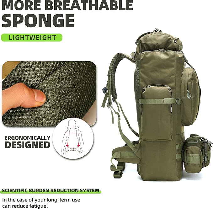 HongXingHai 100L Camping Hiking Backpack,Molle military Tactical rucksack backpack,Waterproof Lightweight Hiking Backpack (Army Green)