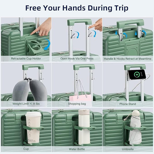 28 Inch Luggage Hard Shell Suitcases, Expandable Travel Checked Luggage 28 Inch, Large Check In Luggage with Spinner Wheels Cup Holder Charger Built in Lightweight Suitcase, Forest Green