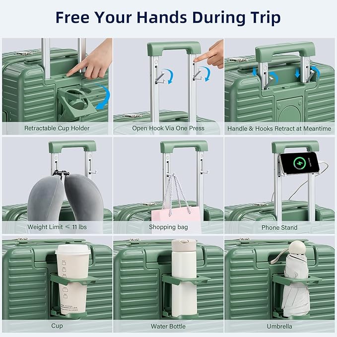 Hard Shell Suitcases Travel Expandable Luggage, 24 Inch Check in Luggage with Spinner Wheels Cup Holder Charger Built in, Checked Medium Suitcase Lightweight Suitcases, Forest Green