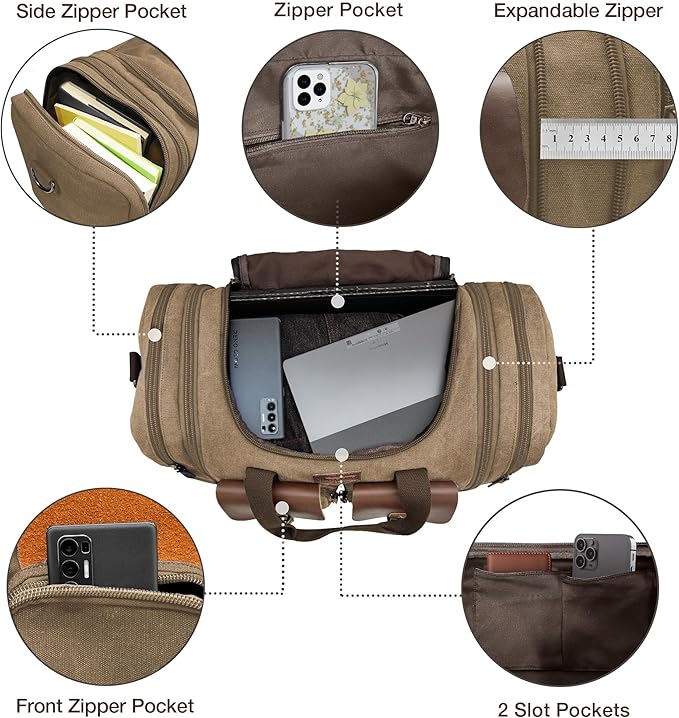 Wildroad 50L Travel Duffel Bag, Expandable Canvas Genuine Leather Duffle Bag Upgraded Overnight Weekender Carry on Bag