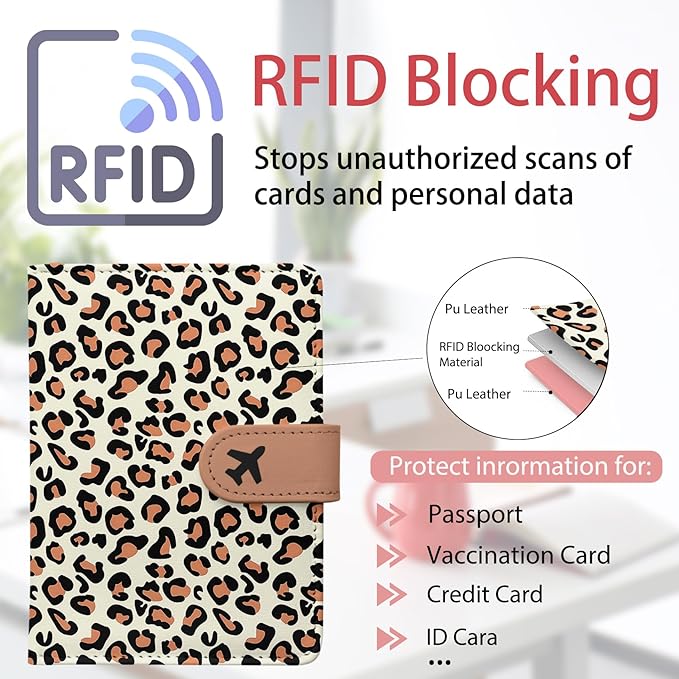 Passport Holder, Travel Wallet Cover with Pen Loop | Cute RFID Blocking Leather Case with Magnetic Closure for Travel Essentials-Leopard