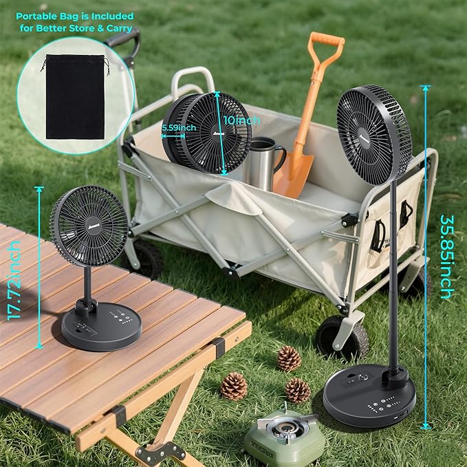 AMACOOL 10'' Foldable Oscillating Fan, 20000mAh Battery Operated with Remote & Timer, Height Adjustable Portable Standing Fan, Quiet USB Output for Camping RV Picnic Home Office Outdoor
