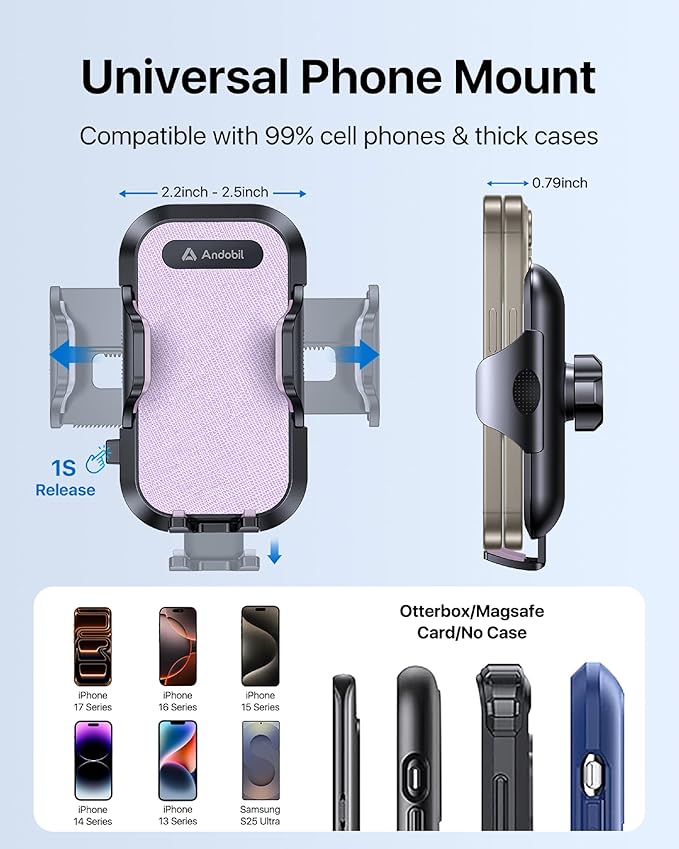andobil 2026 Upgraded Car Phone Holder Mount, Military-Grade Phone Holders for Your Car Vent Stable Metal Clip Universal 360° Cell Phone Car Mount for iPhone 17 Pro Max 16/15/14/13/12/ Samsung, Purple