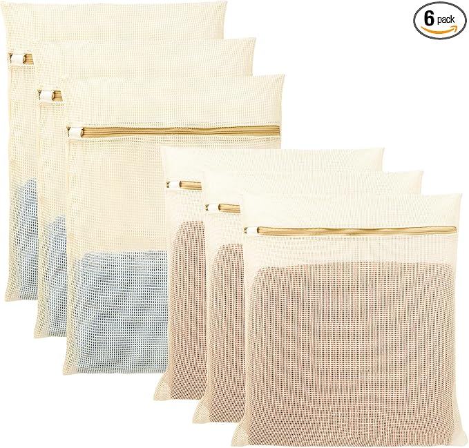 6Pcs Organic Cotton Mesh Laundry Bags for Delicates, Durable Mesh Wash Bags, Sturdy Zipper Laundry Bag for Underwear, Clothes, Shoes, Socks, (3 Large, 3 Medium)