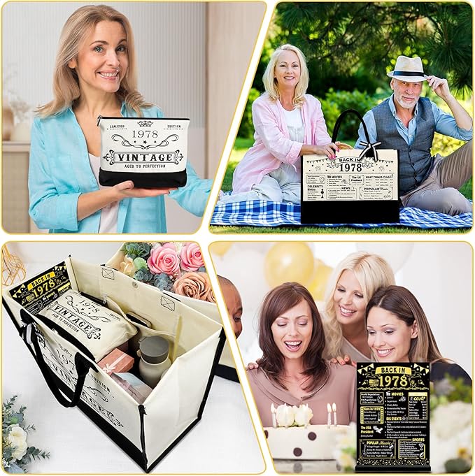 YeohJoy 47th Birthday Gifts for Her Canvas Tote Bag Travel Gear, Unique 47 Years Old Birthday Gifts for Girlfriend Sister Friends Women, Vintage 1978 Handbag & Cosmetic Bag & Back in 1978 Poster