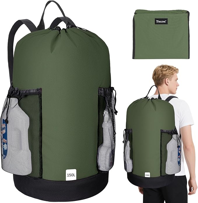 BALEINE 150L Laundry Bag Backpack, 900D Oxford Fabric Large Travel Laundry Bags with Shoulder Straps and 2 Mesh Pockets for College Dorm, Apartment, Laundromat (Green, 150L)