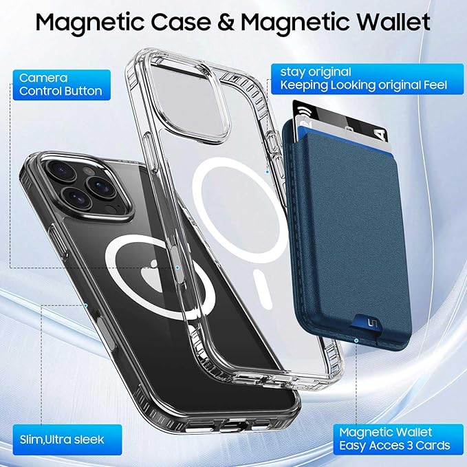 Ntwinro Magnetic for iPhone 16 Pro Max Clear Case (Compatible with MagSafe) with Blue Detachable Wallet & Card Holder for 3 Cards [RFID Blocking] Military Grade Protective Slim Phone Cover