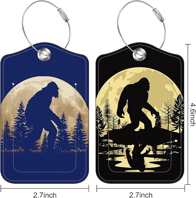 2 Pack Luggage Tag for Suitcase Black Sasquatch Leather Suitcase Tags with Privacy Name ID Label and Stainless Steel Loop for Travel Bag