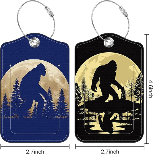 2 Pack Luggage Tag for Suitcase Black Sasquatch Leather Suitcase Tags with Privacy Name ID Label and Stainless Steel Loop for Travel Bag