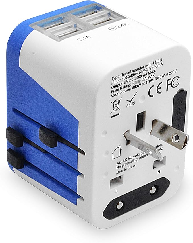 Ceptics Universal Travel Adapter Plug World Power W/ 4 USB Ports - Charge Cell Phones, Smart Watches, iPhones - For International Europe, China, UK, UAE, Australia - Type A, C, G, I