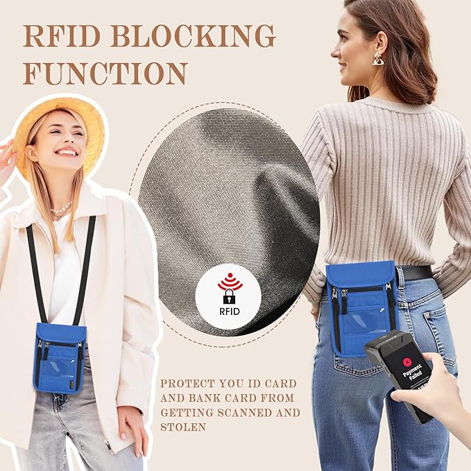 Passport Holder for Travel, Neck Pouch Travel Wallet With RFID Blocking, Waterproof Lightweight Passport Wallet for Women and Men (Blue)