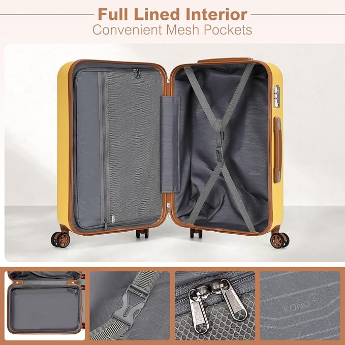 Kono 28 Inch Luggage Large checked Lightweight Hardside Suitcase with Spinner Wheels & Built-in TSA Lock, Yellow