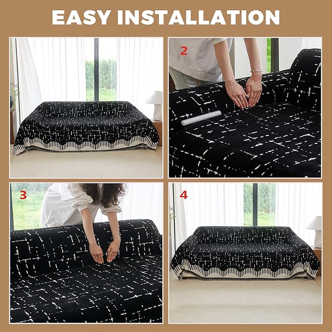 Boho Couch Cover for Dogs - Pet Proof Sofa Covers for 2 Cushion Couch, Non-Slip Chenille Sofa Slipcover, Pet Friendly Furniture Cover Fits Love Seat, 71"x118", Black