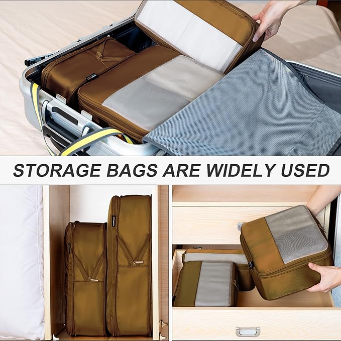 6 Set Compression Packing Cubes for Travel Essentials, Luggage Organizers for Suitcases (Dark Brown)