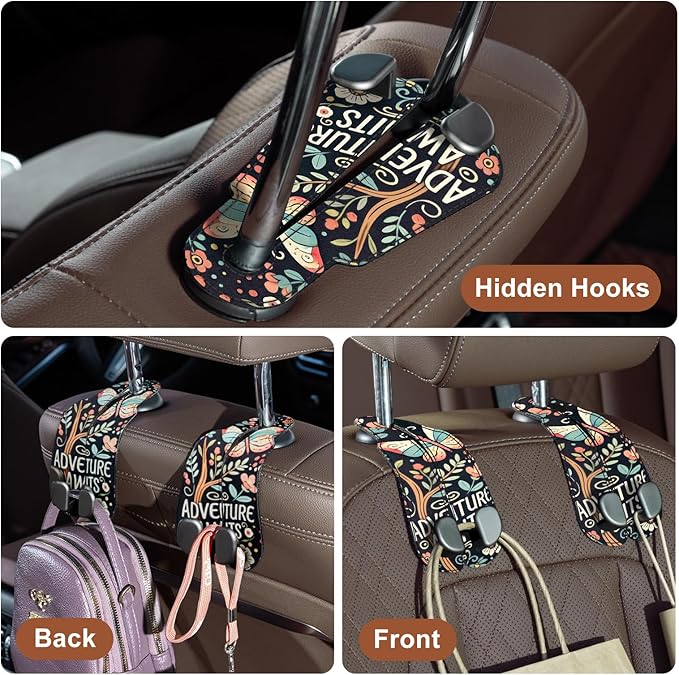 CoBak Purse Hook for Car - Universal Premium Stitched Leather and Aluminum-Magnesium Alloy Double Car Seat Back Storage Hook for Purses, Handbags, Bags (2 Pack),Wander Bloom