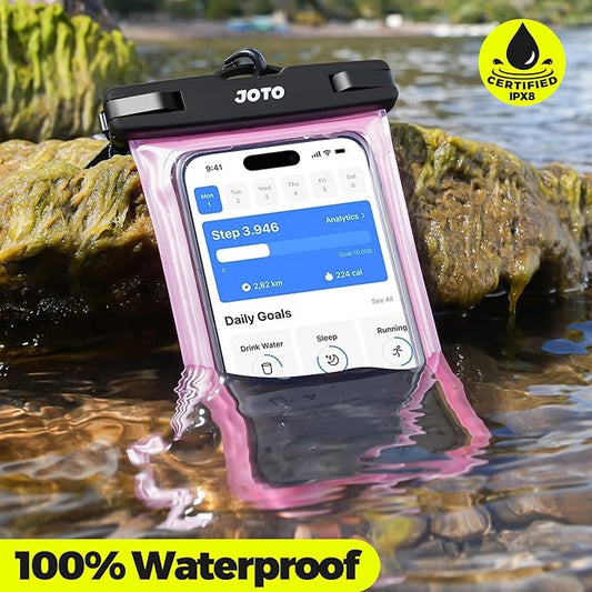 JOTO Up to 7" Universal Waterproof Phone Case for iPhone 17 Air 16 15 14 13 12 11 Plus Pro Max, IPX8 Cellphone Dry Bag XR X SE, Galaxy S23 S22 S21 S20+ S20 S10 Plus Note, Pixel -Clearpink