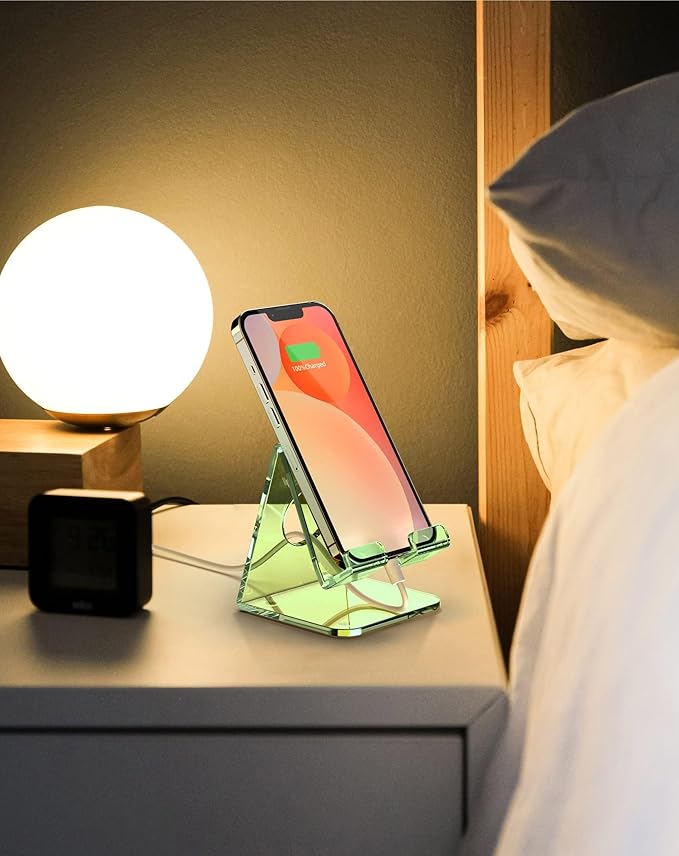 TOPGO Acrylic Cell Phone Stand, Clear Phone Holder for Office Desk, Vanity, Kitchen Counter, Bedside Table, Compatible with iPhone 17 16 15 14 13 12 Pro Max Plus/Smartphones/iPad/Switch/Kindle(Green)