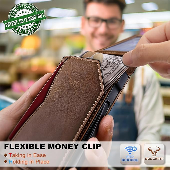 BULLIANT Men Wallet, Metal Wallet Money Clip Magnetic Flip Top Grain Leather 13 Cards Pop-up Access Simplifed Bill Folder