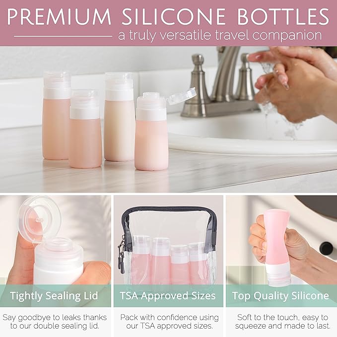 Travel Size Toiletry Bottles, Kit of 16 - TSA Approved Toiletries Essentials for Flying - Must Haves for Women - Silicone Containers, Squeeze Bottles and Accessories for Shampoo, Conditioner, Liquids
