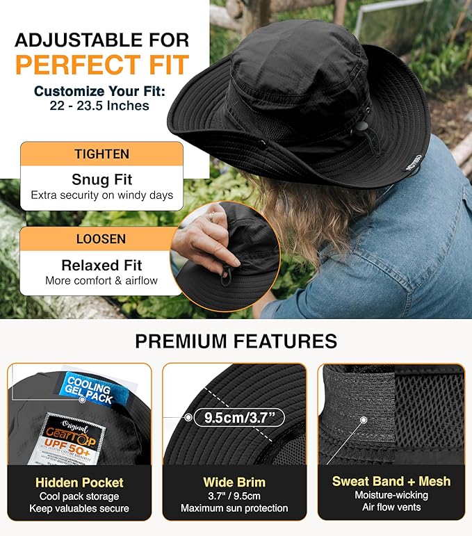 GearTOP Safari Hat for Men Sun Hats for Women UV Protection UPF 50+ Fishing, Gardening, Hiking Hat (22-23 1/2")