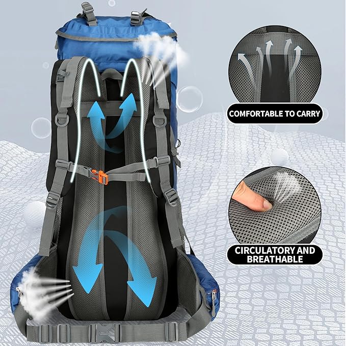 75L Hiking Backpack with Rain Cover Waterproof Camping Backpack Shoes Warehouse for Men Women, Frameless