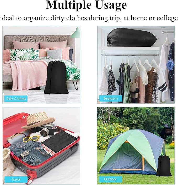 OTraki Medium Laundry Bag 24x32 inch Heavy Duty Travel Dirty Clothes Bag 2pcs Machine Washable Laundry Bag with Drawstring Closure for Home Dorm Camp Travel College, Black