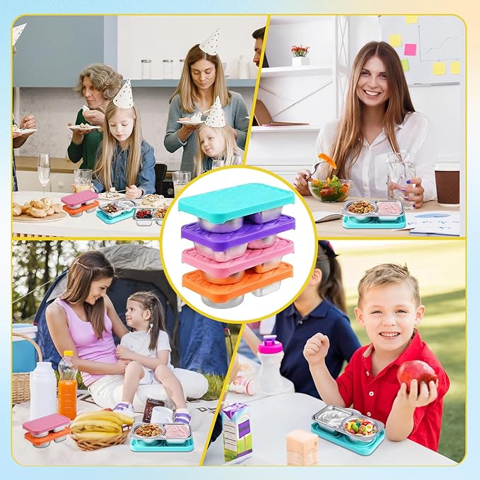 LVQVEV 4 Pack Stainless Steel Snack Containers, 2 Compartment Snack Container with Silicone Lids, Easy Open Leak Proof Reusable Metal Toddler Snack Containers for Daycare (Orange, pink, purple, blue)