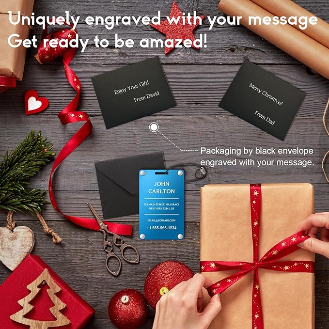 Personalized Luggage Tags for Suitcases - Aluminum Custom Luggage Tags for Backpacks & Bags, Sturdy, Waterproof & Heavy Duty (Blue/Card-Sized)