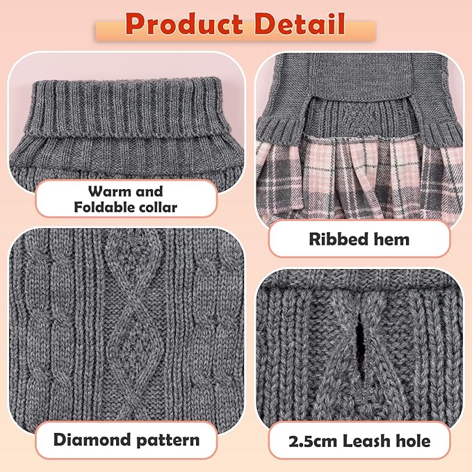YUDODO Small Dog Sweater Dress with Bowtie Turtleneck - Knitted Pet Girl Dog Winter Clothes - Pet Warm Sweater for Puppy Yorkies, Chihuahua (S Grey)
