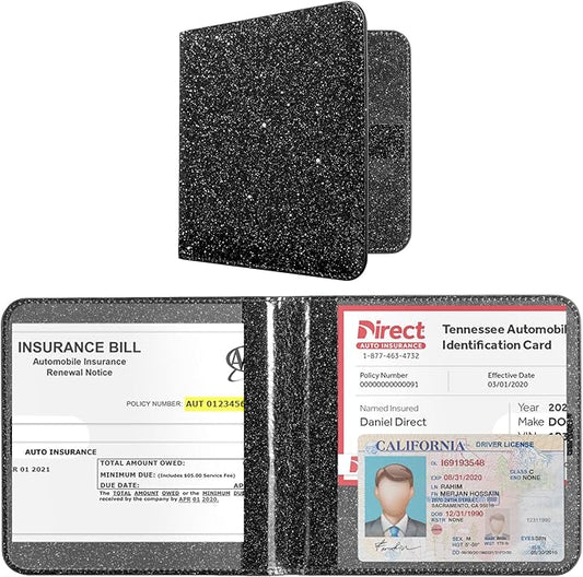 CoBak Car Registration and Insurance Holder - Vehicle Glove Box Car Organizer, Auto Truck Comparment Accessories Case for Essential Document, Driver License, Cards (Glitter Black)