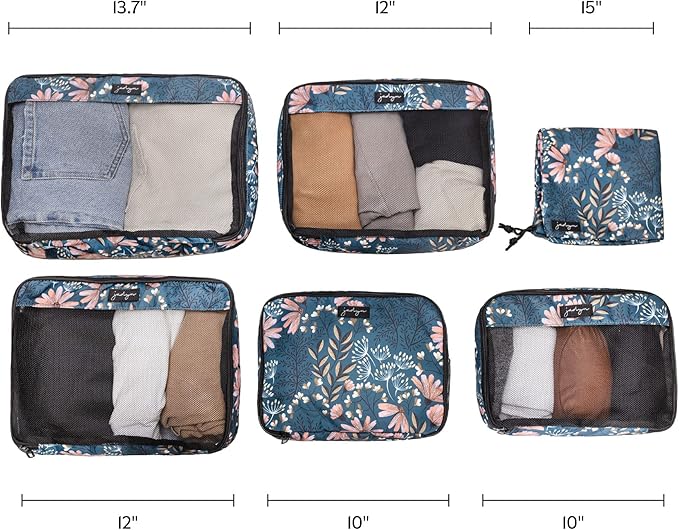 Jadyn Packing Cubes for Travel, 6-Piece Large Packing Cube Organizer Set for Suitcase, Duffel Bag, Luggage, Multiple Sizes Travel Essentials (Navy Floral)